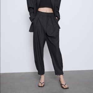 Zara Slouchy Plaid Pants Dark Grey High Waisted